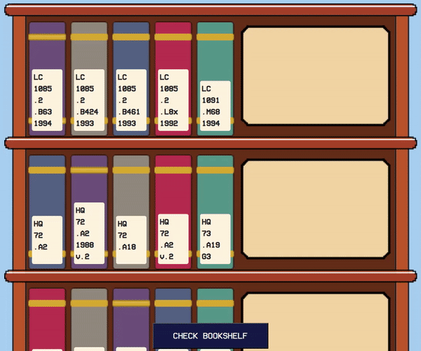 Demonstration of the Call Number game/training showing multiple books on a bookshelf where you must rearrange the books to the correct Library of Congress order.