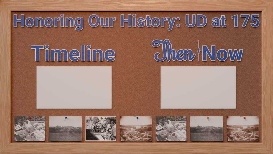 Blender render of a corkboard with neatly arranged historic photos at the bottom with push pins.