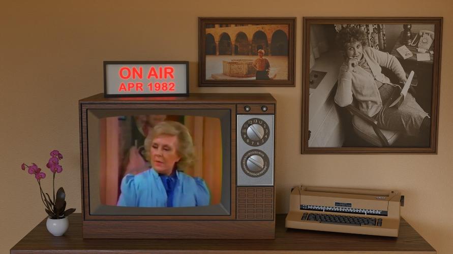 A rendered television scene with a retro style television sitting on top of a cabinet with a type writer to the right, images on the wall behind the television, and an 