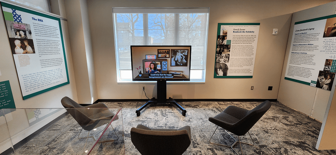 The Erma Bombeck exhibit in the Roesch Library focusing on the television display.