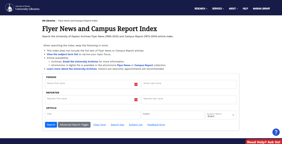 Screenshot of the University of Dayton Flyer News and Campus Report Index search interface.