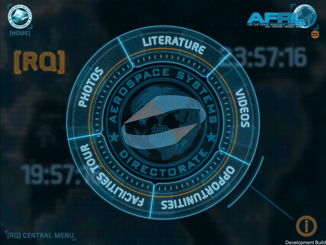 Screenshot of the facilities tour home screen with a holographic design