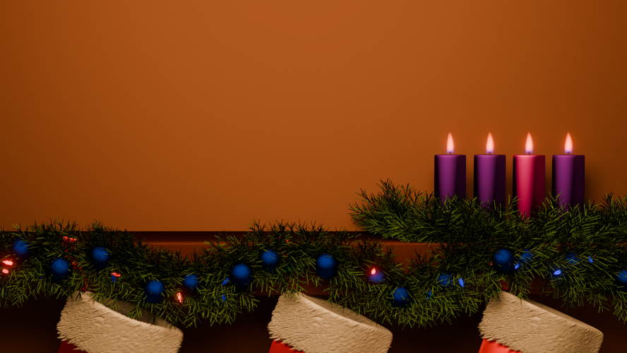 Blender render of a fireplace mantel with four lit Advent candles surrounded by a wreath and hanging stockings.